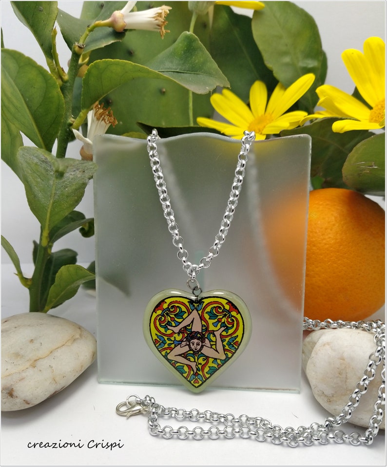Cuore Trinacria ceramic ceramic pendant in melting glass Trinacria Cuore necklace Trinacria Sicilia pendant