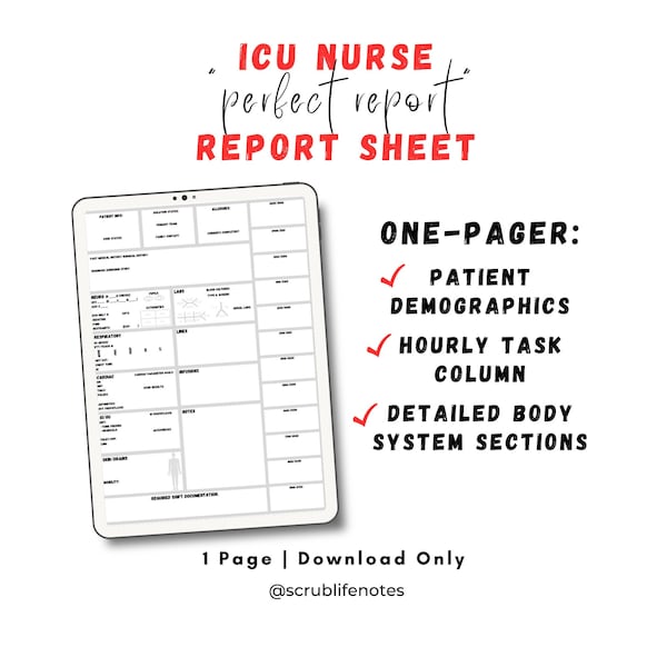 BEST ICU Nurse Report Sheet for the Perfect Report! Nursing Students, New Graduate Nurses, ICU New Hires, Clinical Rotations | Digital Copy