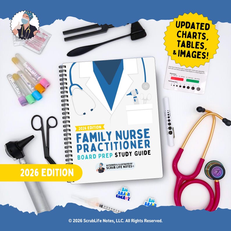 May include: A collection of medical tools and a study guide for Family Nurse Practitioners. The guide is titled "2026 Edition Family Nurse Practitioner Board Prep Study Guide" and includes the text "Updated Charts, Tables, & Images!" A stethoscope and other medical tools are also visible.
