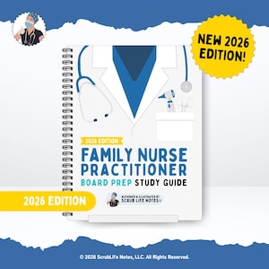 May include: A spiral-bound study guide titled "Family Nurse Practitioner Board Prep Study Guide." The cover features a white coat design with a stethoscope and the text "2026 Edition." A yellow starburst reads "NEW 2026 EDITION!"