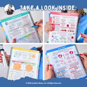 May include: A spiral-bound medical reference book with colorful tabs and detailed diagrams. The text "TAKE A LOOK INSIDE:" is at the top. The book covers topics like migraines, blood tests, and thyroid disorders. The copyright notice reads "&copy; 2026 ScrubLife Notes, LLC. All Rights Reserved."