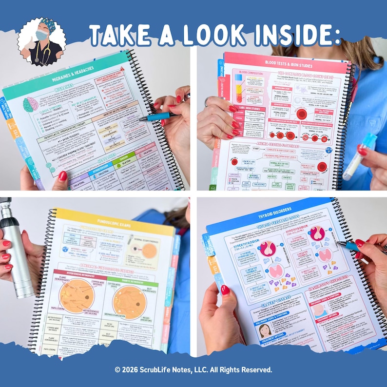 May include: A spiral-bound medical reference book with colorful tabs and detailed diagrams. The text "TAKE A LOOK INSIDE:" is at the top. The book covers topics like migraines, blood tests, and thyroid disorders. The copyright notice reads "&copy; 2026 ScrubLife Notes, LLC. All Rights Reserved."