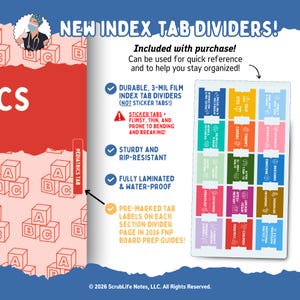 May include: Index tab dividers with pre-marked labels for quick reference and organization. Features include durable 3-mil film, sturdy and rip-resistant, and fully laminated and water-proof. The tabs are designed for the 2026 FNP Board Prep Guides.
