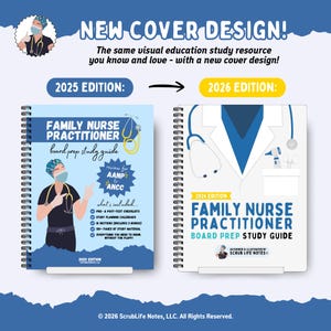 May include: Image comparing the 2025 and 2026 editions of a Family Nurse Practitioner board prep study guide. The 2025 edition features a nurse illustration, while the 2026 edition has a medical coat design. Both spiral-bound books have the title and study guide information.