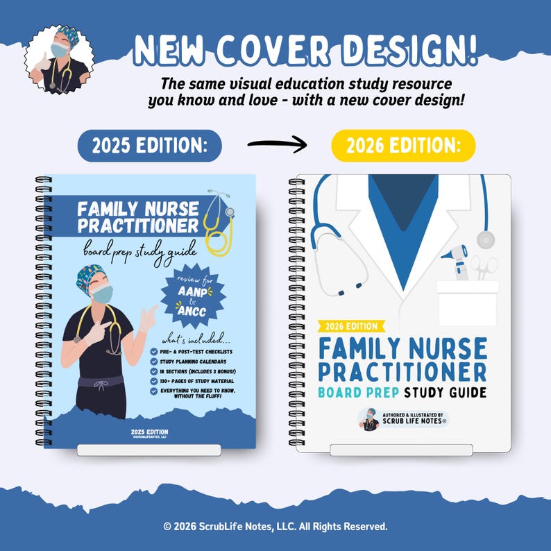 May include: Image comparing the 2025 and 2026 editions of a Family Nurse Practitioner board prep study guide. The 2025 edition features a nurse illustration, while the 2026 edition has a medical coat design. Both spiral-bound books have the title and study guide information.