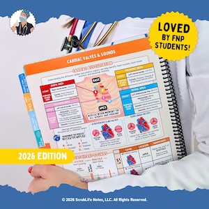 May include: A spiral-bound medical study guide titled "Cardiac Valves & Sounds" with detailed diagrams and text. The guide features color-coded sections on auscultation areas and heart sounds. The cover has the text "2026 Edition" and "Loved by FNP Students!"