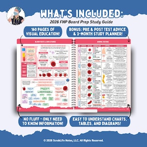 May include: An open spiral-bound study guide for the 2026 FNP Board Prep. The guide features 160 pages of visual education, pre & post test advice, and a 3-month study planner. The guide includes charts, tables, and diagrams.