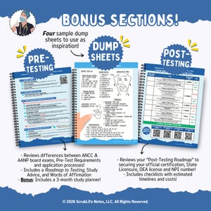 May include: Three spiral-bound study guides with the titles "Pre-Testing", "Dump Sheets", and "Post-Testing". The guides are open, displaying detailed notes and checklists. The image includes text about exam preparation and a 3-month study planner.