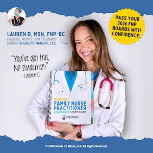 May include: A woman holds a spiral-bound "Family Nurse Practitioner Board Prep Study Guide." The cover features a white coat design with a stethoscope. Text includes "Pass Your 2026 FNP Boards With Confidence!" and "You've got this, NP students!!!"
