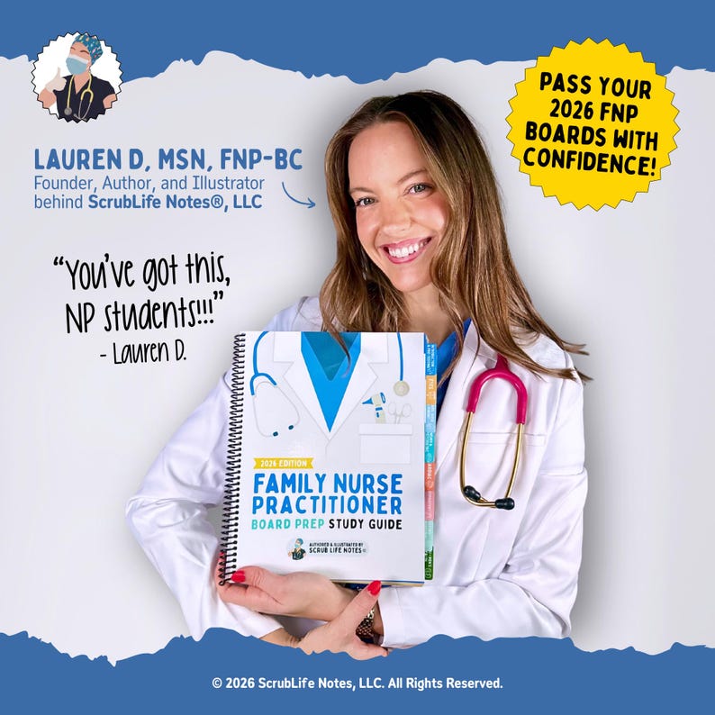 May include: A woman holds a spiral-bound "Family Nurse Practitioner Board Prep Study Guide." The cover features a white coat design with a stethoscope. Text includes "Pass Your 2026 FNP Boards With Confidence!" and "You've got this, NP students!!!"