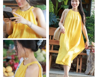 Stunning Yellow Habotai Silk Sleeveless Dress for Summer| 100% Mulberry Silk Midi Dress| Halter Neck Pure Silk Dress