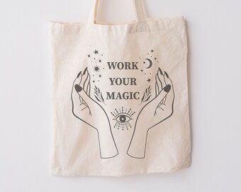 Mystical Canvas Tote Bag, Witchy Boho Style, Reusable Cotton Bag