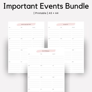 Important Events Bundle | Birthdays, Anniversaries, Events Tracker | Printable Planner Insert | A4 & A5