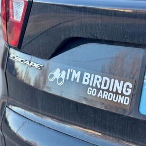 Op de afbeelding: Een zwarte auto met een sticker waarop staat "I'm Birding Go Around" met een afbeelding van een verrekijker.