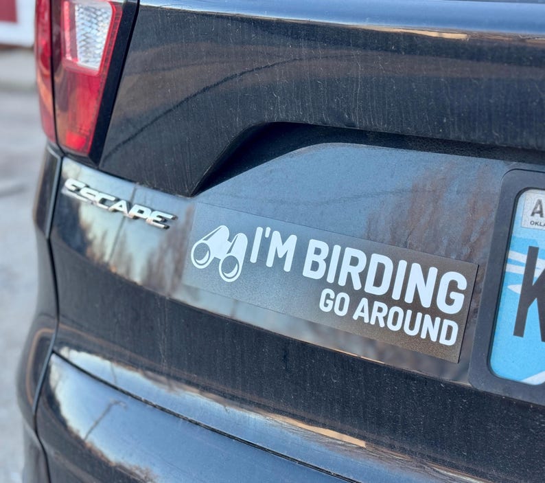 Op de afbeelding: Een zwarte auto met een sticker waarop staat "I'm Birding Go Around" met een afbeelding van een verrekijker.