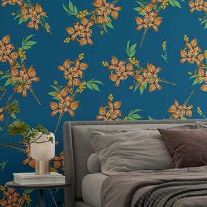 Carta da parati blu con motivo floreale, decorazione murale da staccare e attaccare, decorazione murale con motivo floreale, decorazione moderna rimovibile per la stanza