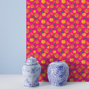 ピンクの壁紙 トロピカルシトラスフルーツデザイン、ブラッシュホットピンクの商業用ウォールアート、カラフルなオレンジとレモンの背景の壁紙