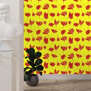 Papier peint tulipe avec fleurs, décalcomanies murales temporaires florales jaune vif, papier peint personnalisé de style art déco