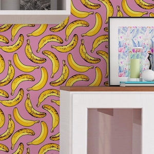 Banana Wallpaper Tropical Fruit Roll - Hot Pink Boho Kids Room Abstract Modern Temporary Wall Covering