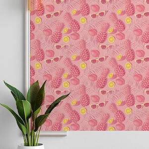 Carta da parati con ananas, carta da parati tropicale per camerette e bar per frullati, decorazione estiva personalizzata moderna rosa.