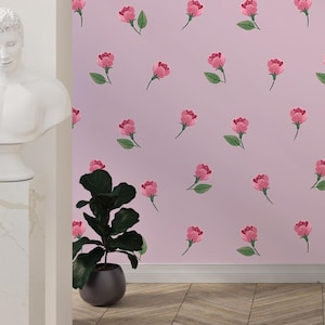 Carta da parati floreale con tulipani rosa pastello, eleganti adesivi murali con fiori, carta da parati luminosa e carina per camera da letto e soggiorno
