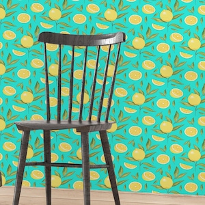 Carta da parati Mediterranean Wall Lemon Citrus - Design personalizzato con frutta tropicale, adesivo da parete moderno verde estivo per la decorazione di cucine e bar