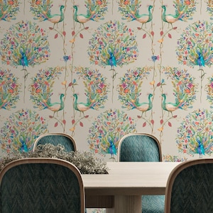 Carta da parati Chinoiserie floreale con uccelli, giardino, vintage, asiatico, carta da parati con fiori, beige, pavone, adesivi murali