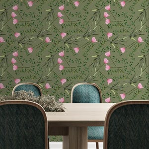 Carta da parati a tulipano con motivo floreale e verde, elegante e di lusso, con fiori d'ulivo per pareti.