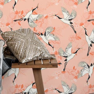 Peel and Stick Chinoiserie Wallpaper - Removable Crane Design in Soft Pink, Perfect for Easy Home Decor Update