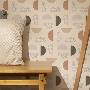 Carta da parati geometrica astratta - Design semicircolare retrò anni '60 e '70, decorazione murale alla moda staccabile e attaccabile per camera da letto, soggiorno e ufficio