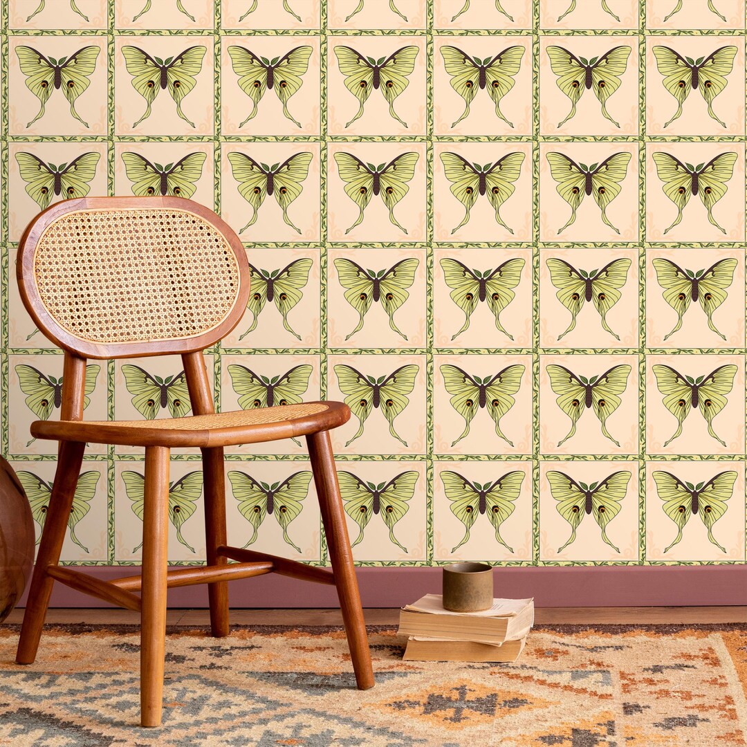 Retro Butterfly Peel and Stick Wallpaper - Green Vintage Butterfly Wall ...