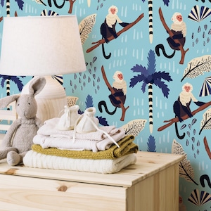 Carta da parati con scimmie per la cameretta dei bambini, divertente decorazione da parete blu con safari e fauna selvatica tropicale della giungla, carta da parati blu colorata e personalizzata