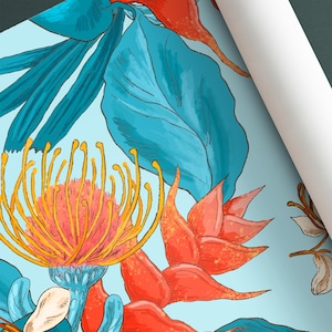 Tropische Tapete Schälen & Stick Helle Dschungelblätter Blumen Orange Blau Entfernbares selbstklebendes Wanddekor