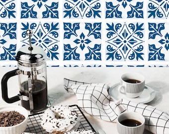 Blue Italian Tile Peel and Stick Wallpaper | Removable Mediterranean Print | Trendy Blue and White Faux Tile Design