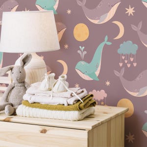 Abziehen und Aufkleben Lila Wal Tapete - Ozeanmotiv Kinderzimmerdekor, abnehmbarer fliegender Wal Wandbild für Kinderzimmer