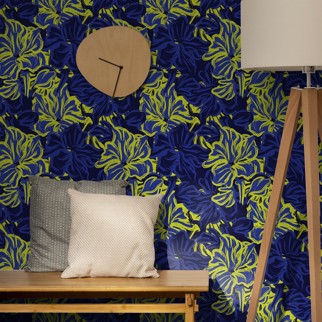 Mural Wallpaper Floral Vibrant Blue and Yellow Pattern - Etsy