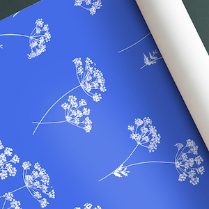 Royal Blue Peel & Stick Wallpaper, Floral White Delicate Flower Removable Self-Adhesive Botanical Wall Decor