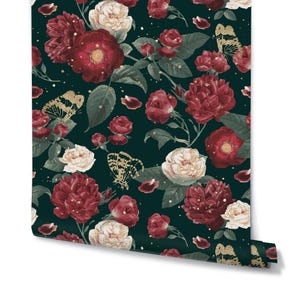 Floral Wall Decal Rose Wallpaper Rolls Pink & Red Dark Vintage Retro Temporary Flower Background