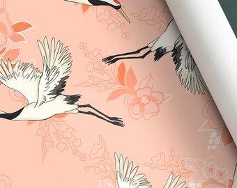 Peel and Stick Pink Wallpaper with Bird Design | Removable Wall Décor for Modern Nature-Inspired Spaces | Elegant Artistic Touch