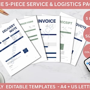 May include: A collection of five business document templates, including a delivery note, order form, invoice, receipt, and quote. The documents are white with blue and green accents. The image also includes a keyboard, pens, and a phone displaying an invoice.