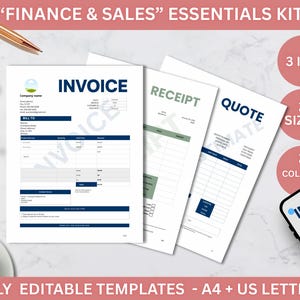 May include: An overhead shot of a finance and sales essentials kit. The kit includes invoice, receipt, and quote templates. The templates are in two sizes and two colors. The image also shows a keyboard, pens, and a coffee cup.