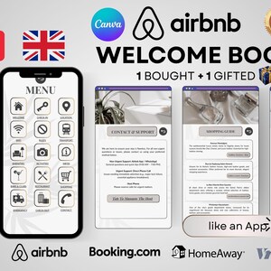 May include: A digital Airbnb Welcome Book displayed on a smartphone, showcasing menu options and information screens. The image includes the French and British flags, the Canva and Airbnb logos, and a "Best Seller" badge.