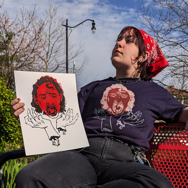 Delilah Splits! Woman Screaming T-Shirt and Print-- Purple Red White Ink Linocut Print Original Design