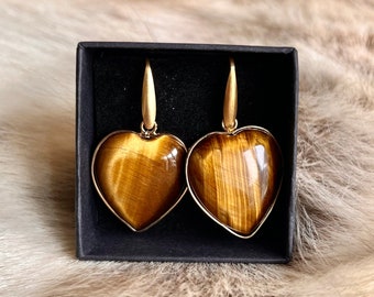 Golden heart earrings in tiger's eye - tiger's eye earrings - stone earrings