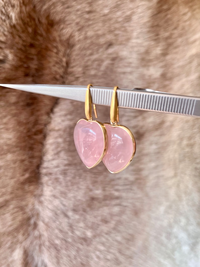 Boucles doreilles cœurs dorés en quartz rose boucles doreilles quartz rose boucles doreilles en pierres zdjęcie 6