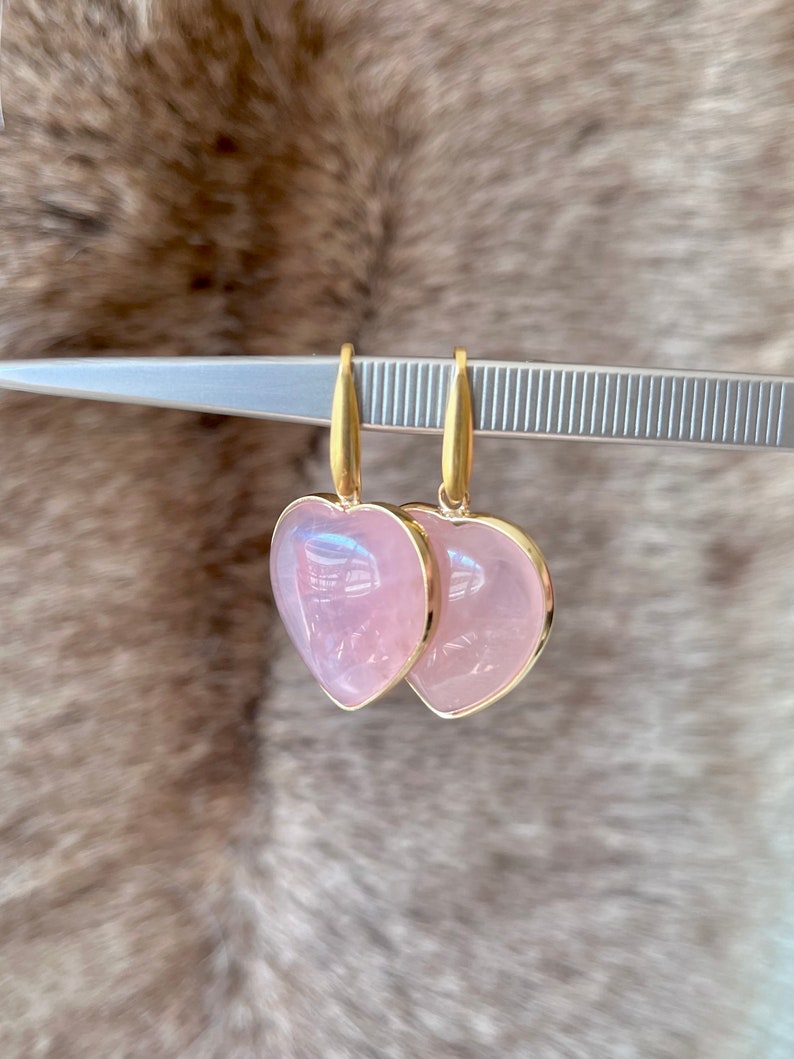 Golden heart earrings in rose quartz rose quartz earrings stone earrings image 9