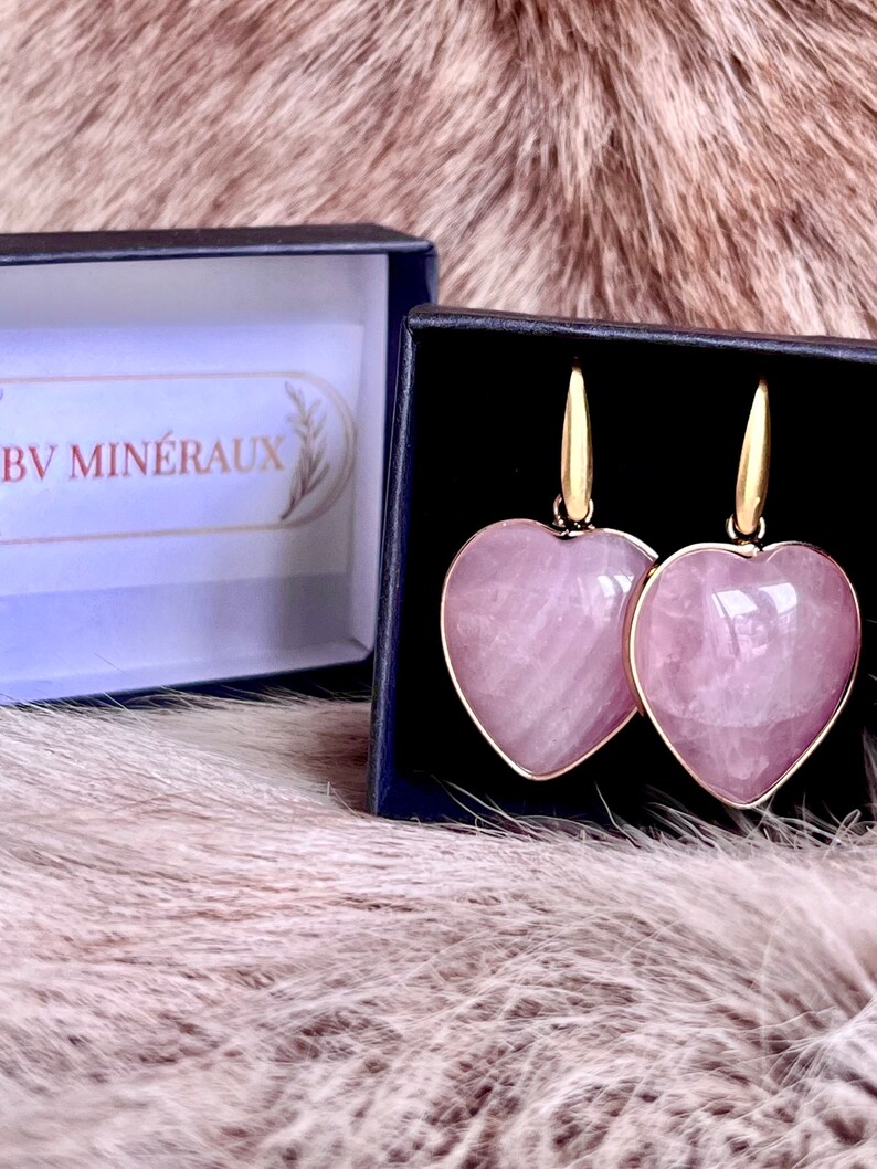 Boucles doreilles cœurs dorés en quartz rose boucles doreilles quartz rose boucles doreilles en pierres zdjęcie 3