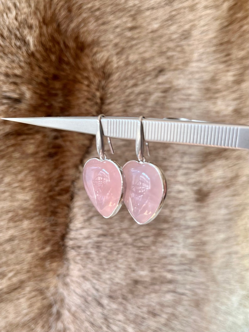 Boucles doreilles cœurs argentés en quartz rose boucles doreilles quartz rose boucles doreilles en pierres zdjęcie 9