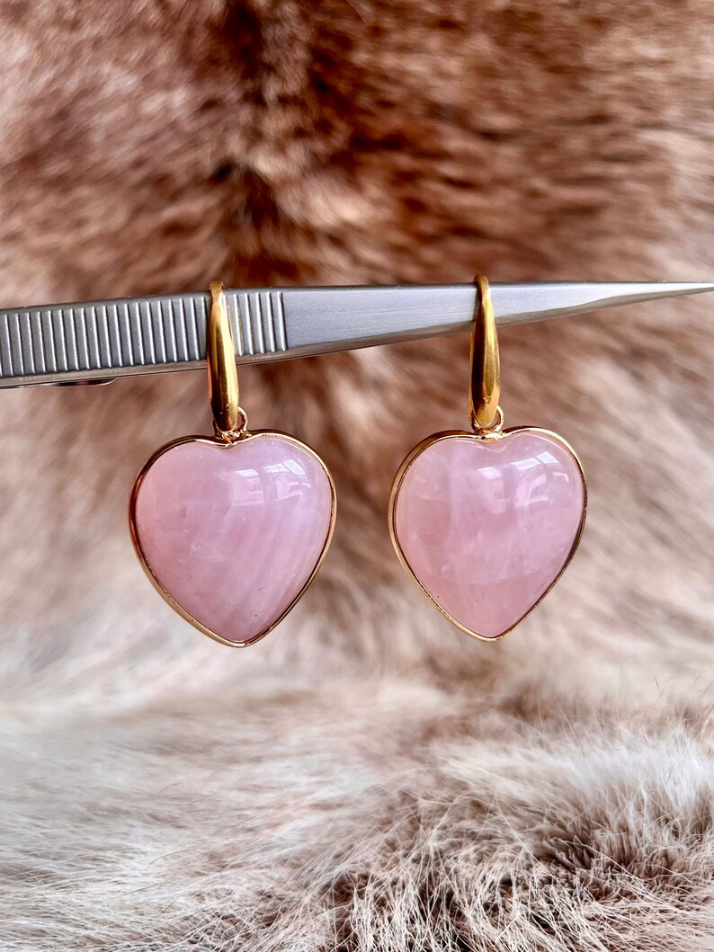 Golden heart earrings in rose quartz rose quartz earrings stone earrings image 2