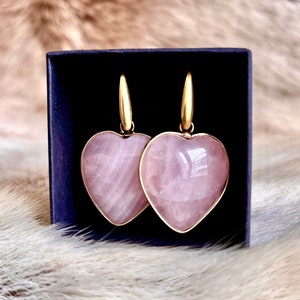 Golden heart earrings in rose quartz rose quartz earrings stone earrings image 1